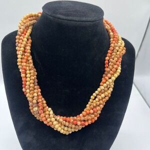 Vintage Natural Rust Brown Cream Multi-Strand Beaded Necklace Gold‎ Clasp 17"